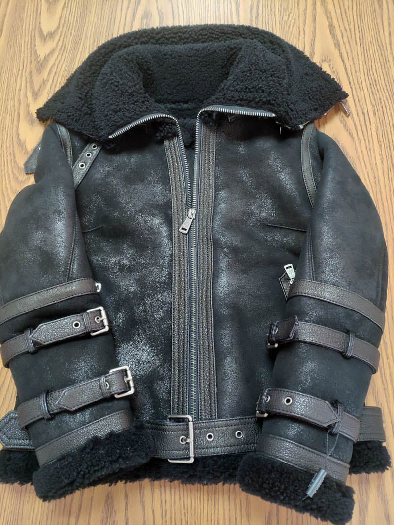 Double Collar Genuine Leather Coats Real Fur Shearling