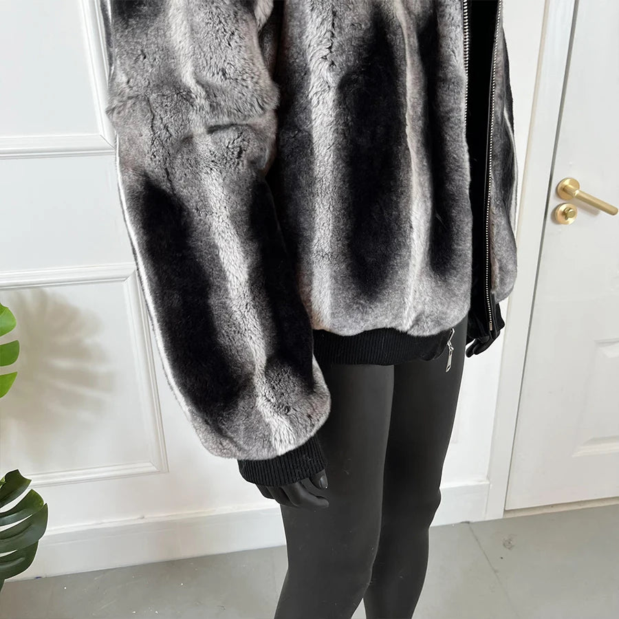 Chinchilla Style Real Fur Coat Hooded Bomber