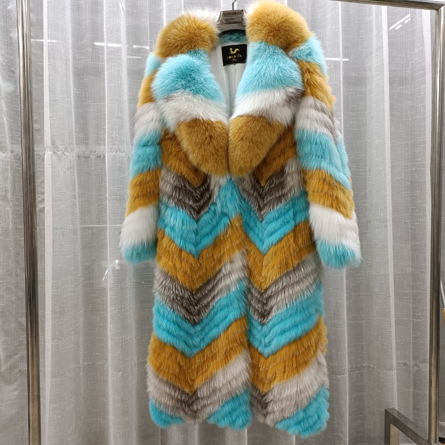 Thin Striped Color Pattern Real Fox Fur Coats  X-Long