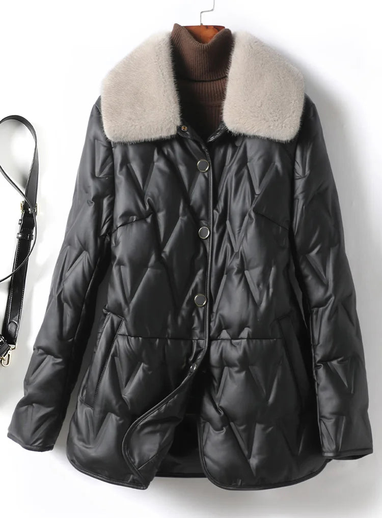 Leather Jackets Duck Down Real Mink Fur Collar