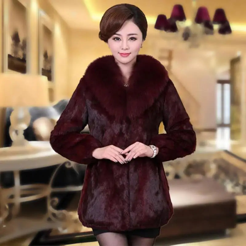 Real Rabbit Long Fur Coats Fox Fur Collar