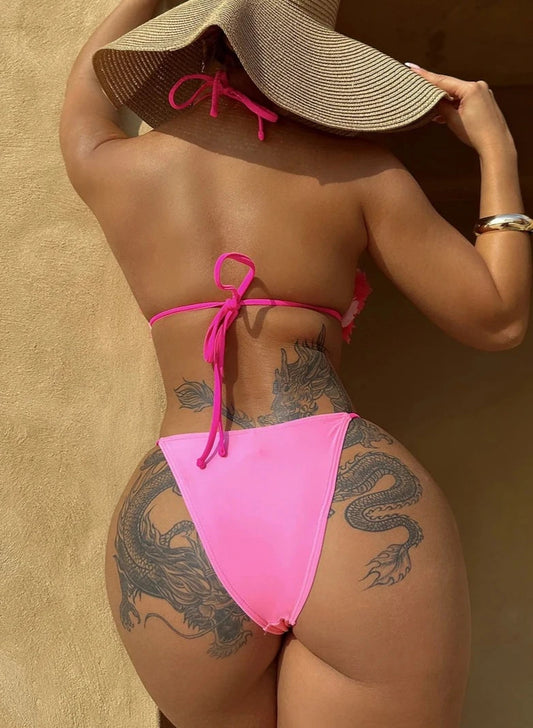 3D Flowers Halter High Cut Bikini Set