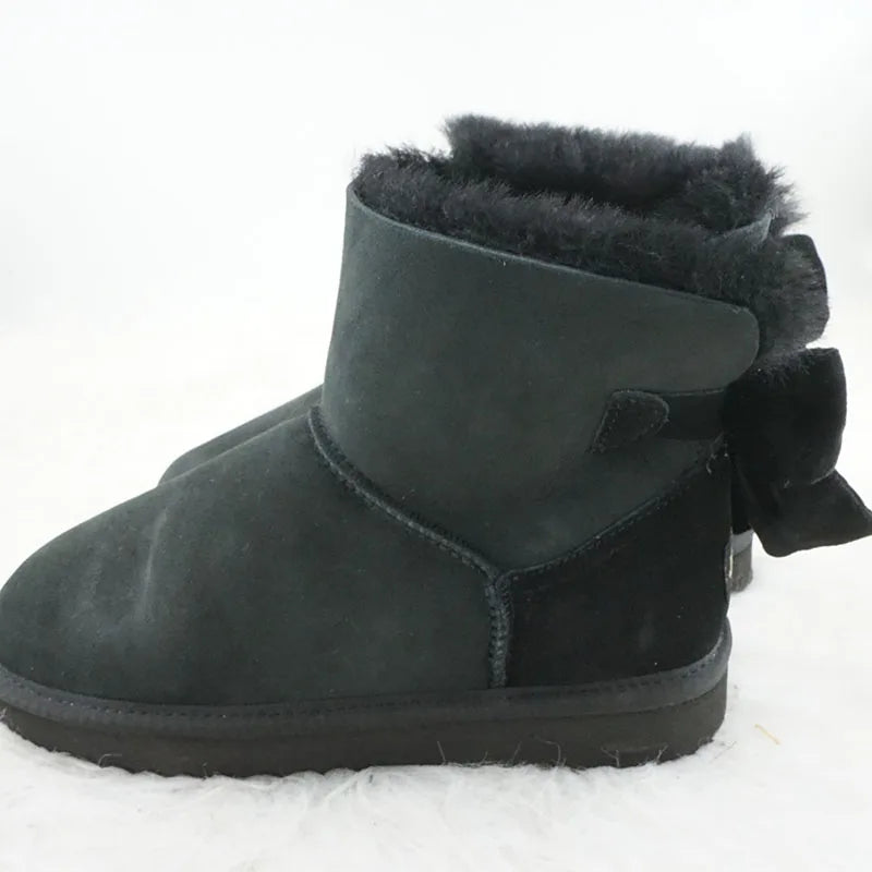 Genuine Leather Snow Boots Velvet Back Bow