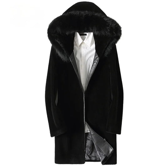 Genuine Leather Real Fur Hooded Long Wool Coat