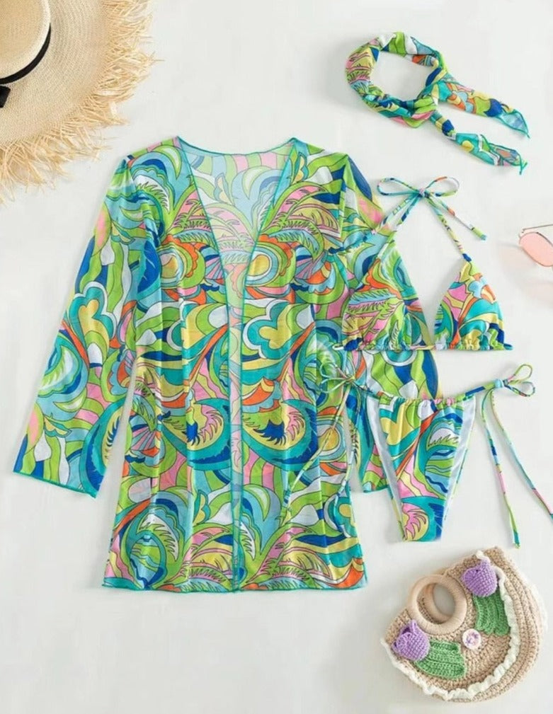 Print Bikini Set, Cover Up & Hairband