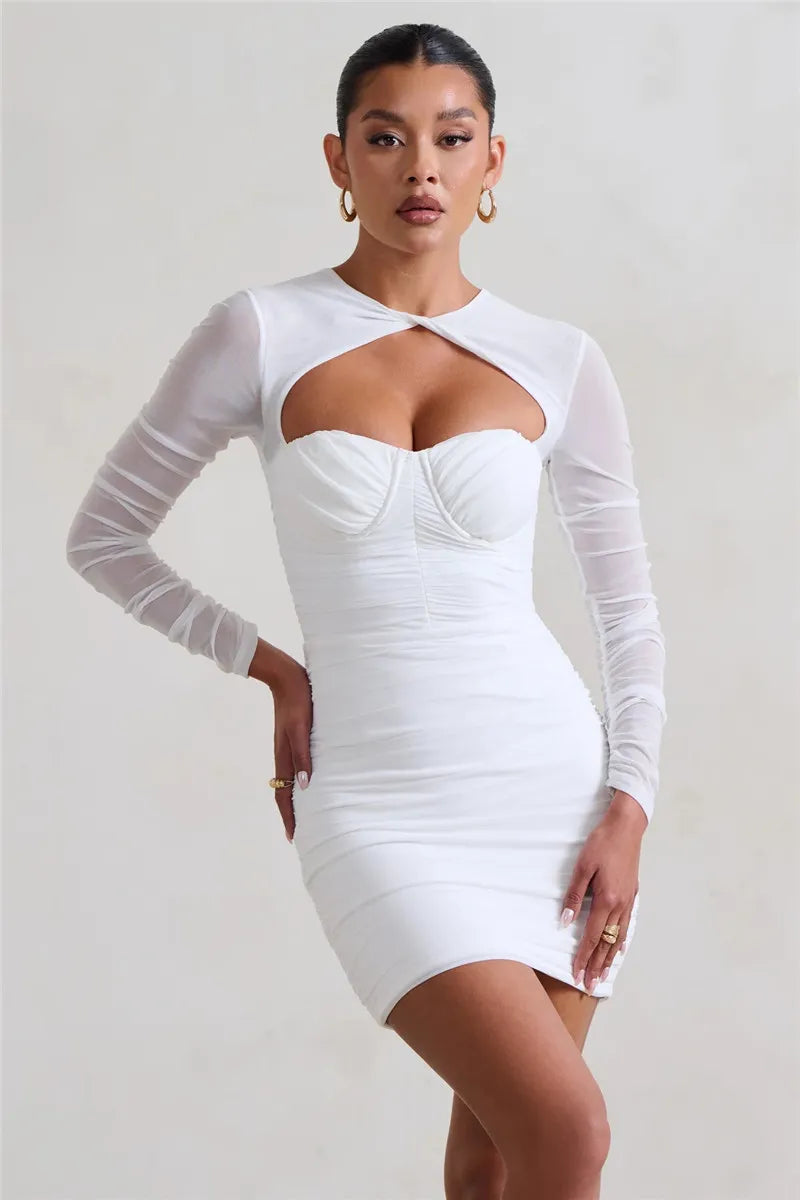 Two Layer Mesh Long Sleeve Ruched Mini Dresses