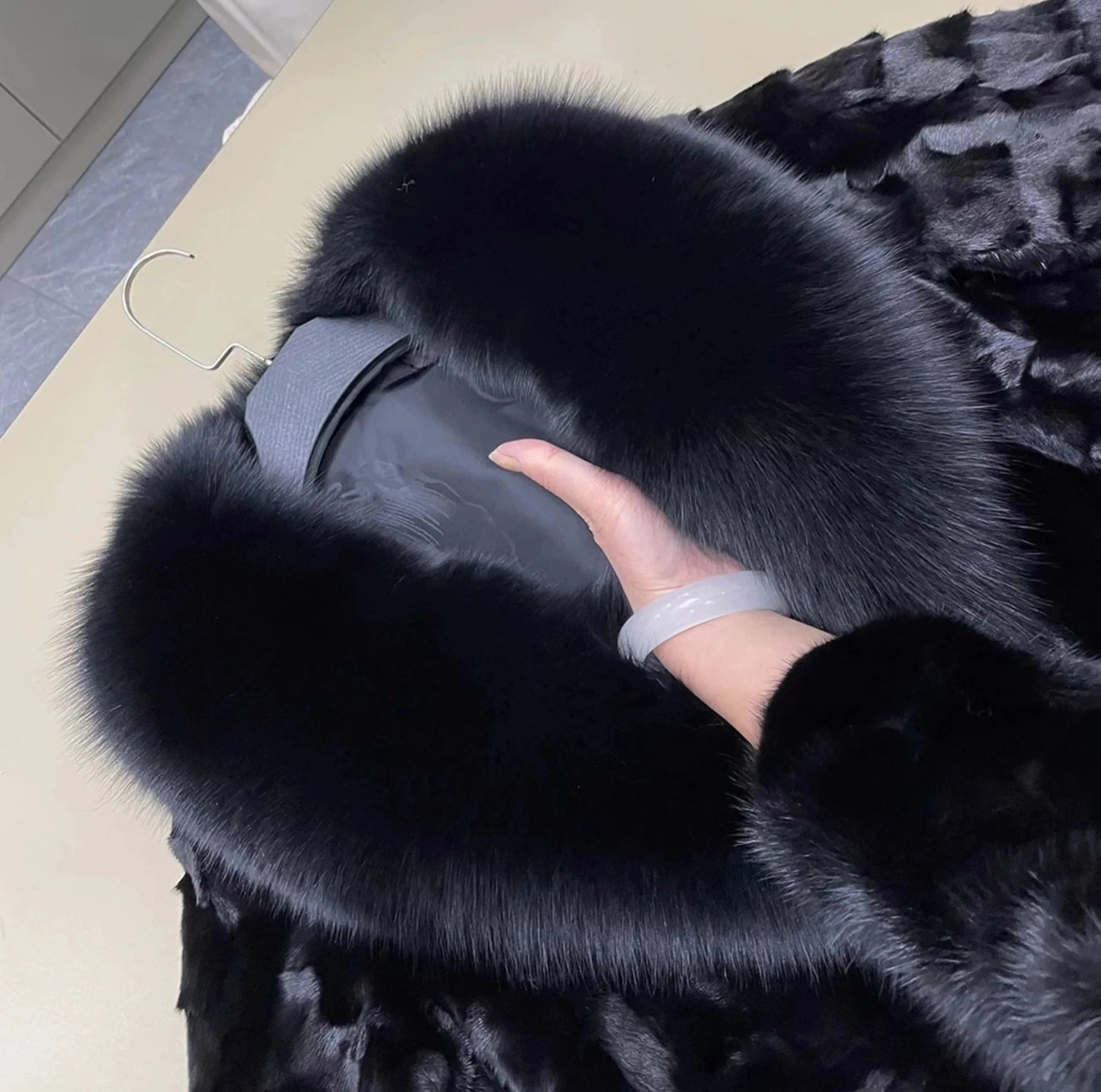 Real Mink fur Mid-length Coat Fox Fur Collar & Cuffs