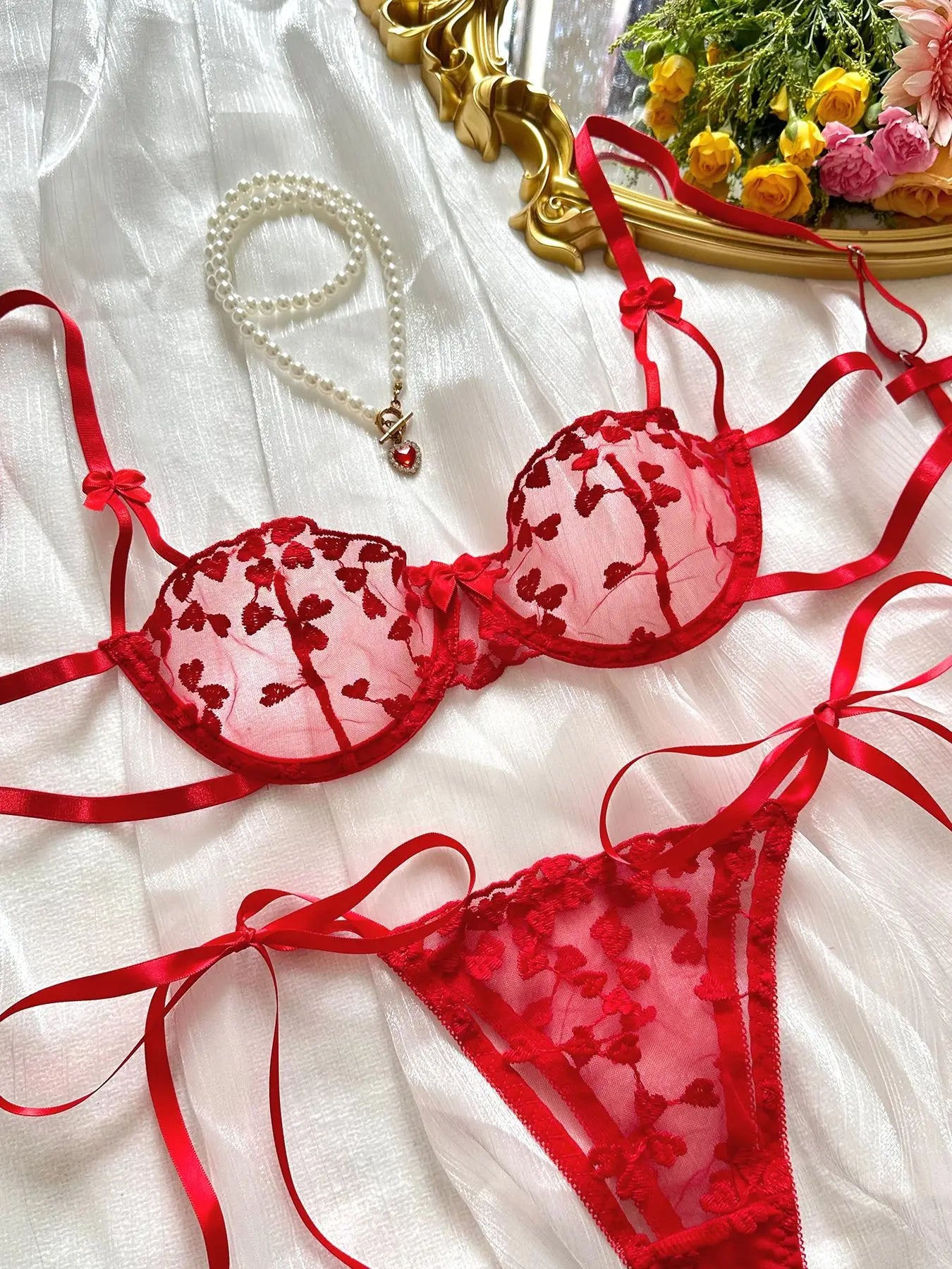 Mesh Heart Shaped Embroidery Bra & Thong Sets