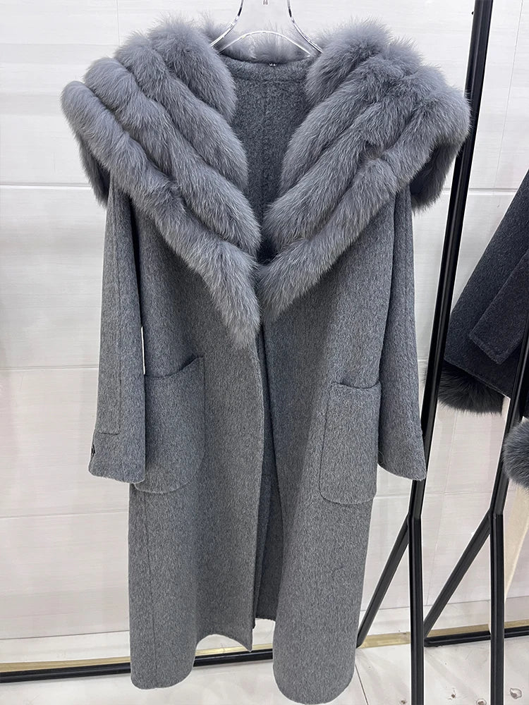 Long Cashmere Wool Coats Real Fur Collar