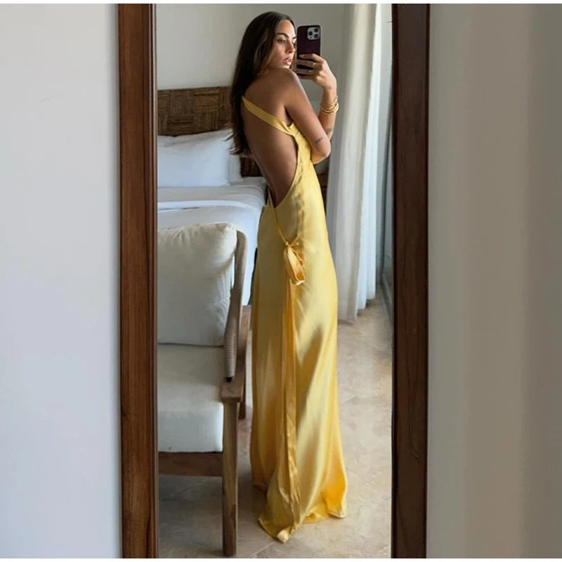 Yellow Backless Sleeveless Maxi Dress