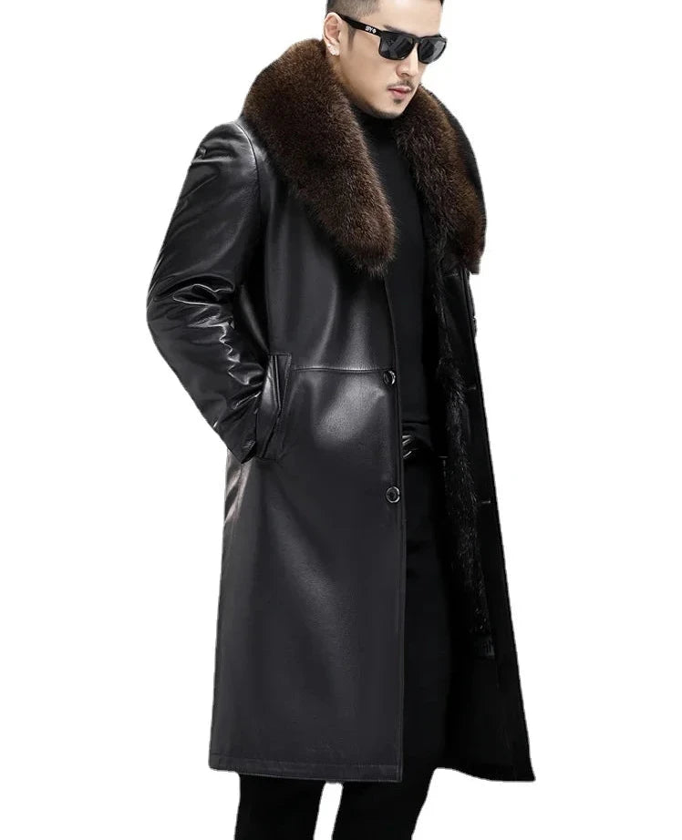 Genuine Leather Trench Coat Real Mink Fur Liner Big Fur Collar