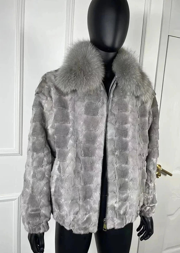 Real Mink Fur Coat Bomber Fox Fur Collar