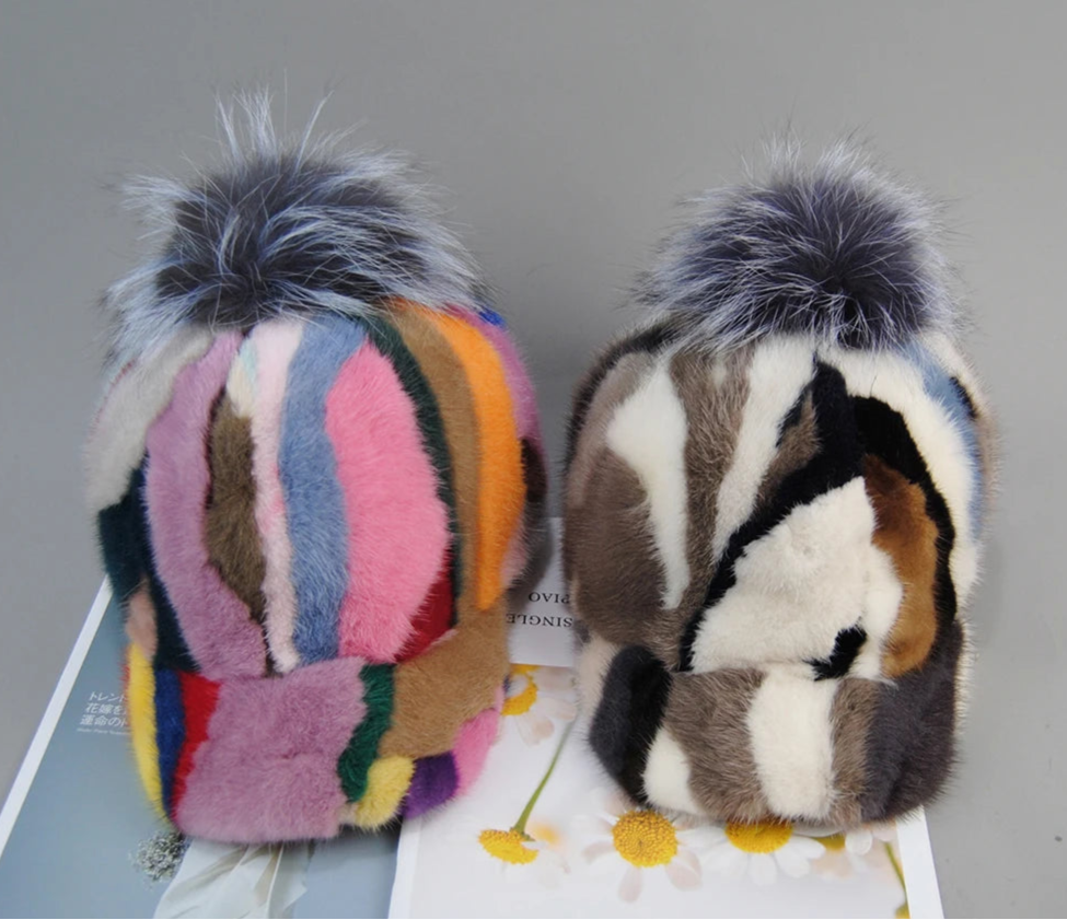 Colorful Real Mink Fur Bomber Hats Fur Pompom