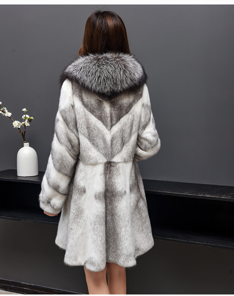 Real Mink Fur Coat Fox Fur Collar Mid-length