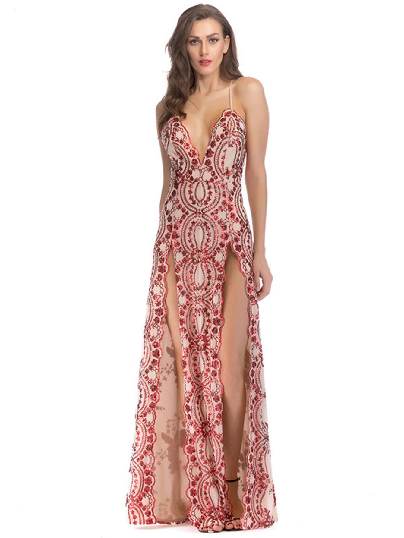 Spaghetti Strap Sequin Side Slit Maxi Dresses