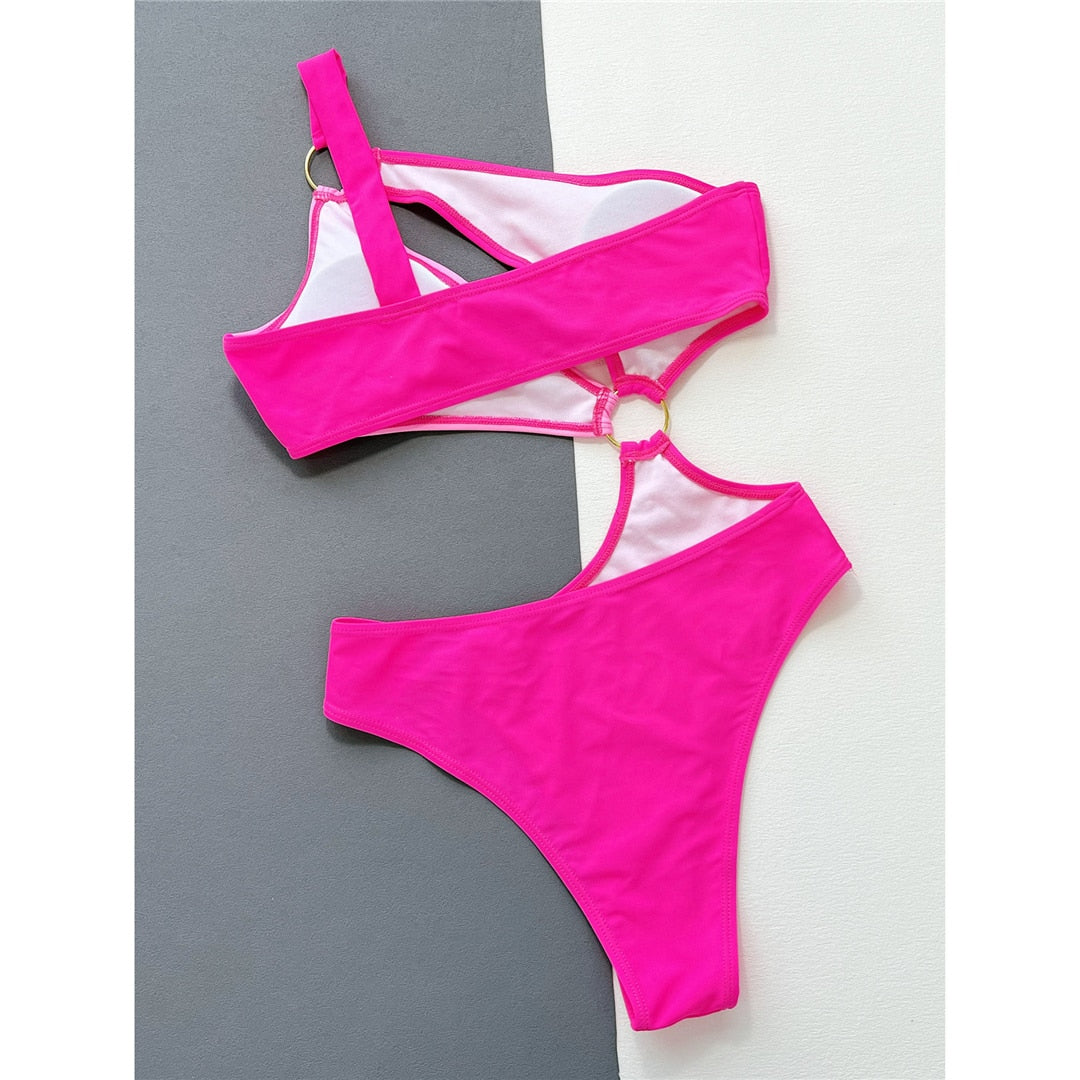 Pink One Shoulder Cut Out Monokini