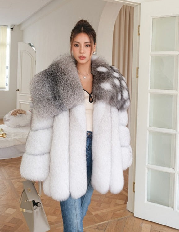 Luxury Women Full Pelt Real Silver Fox Fur Coats Jacket Fluffy