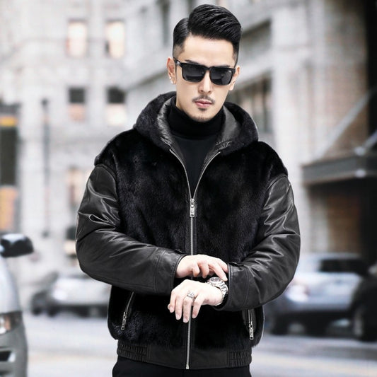 Genuine Leather Hooded Coats Real Mink Fur