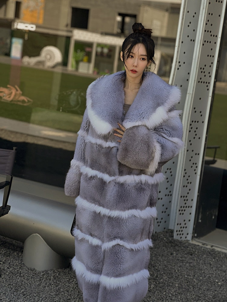 Luxury X-Long Fur Coat Detachable Big Fur Collar