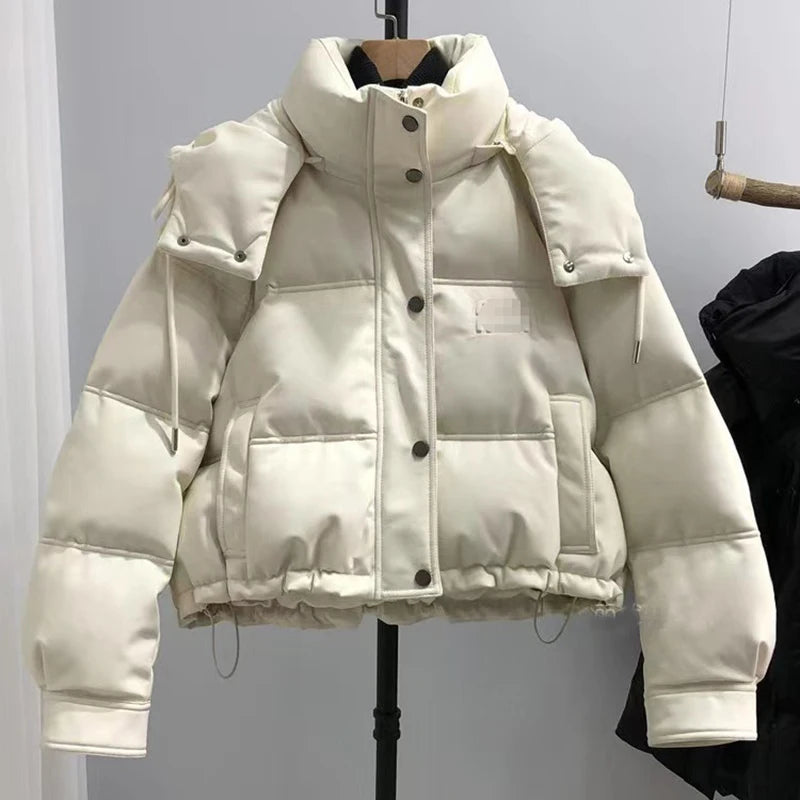 Down Jacket for Winter Women Real Sheepskin Casual Removable Hat Button Zipper Oversize Short White Duck Down Coats Pluma Mujer