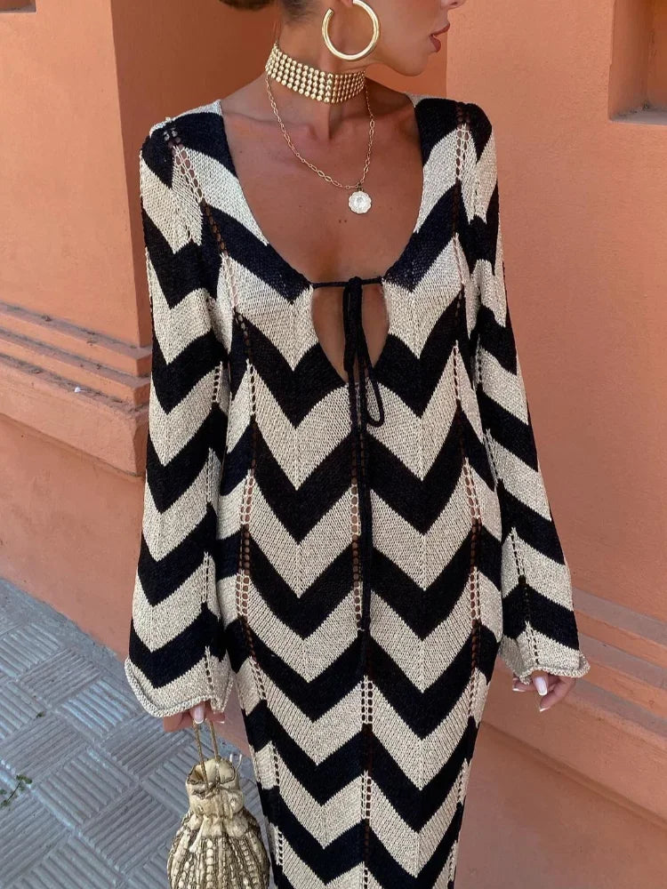 Striped Knitted Long Sleeve Long Dress