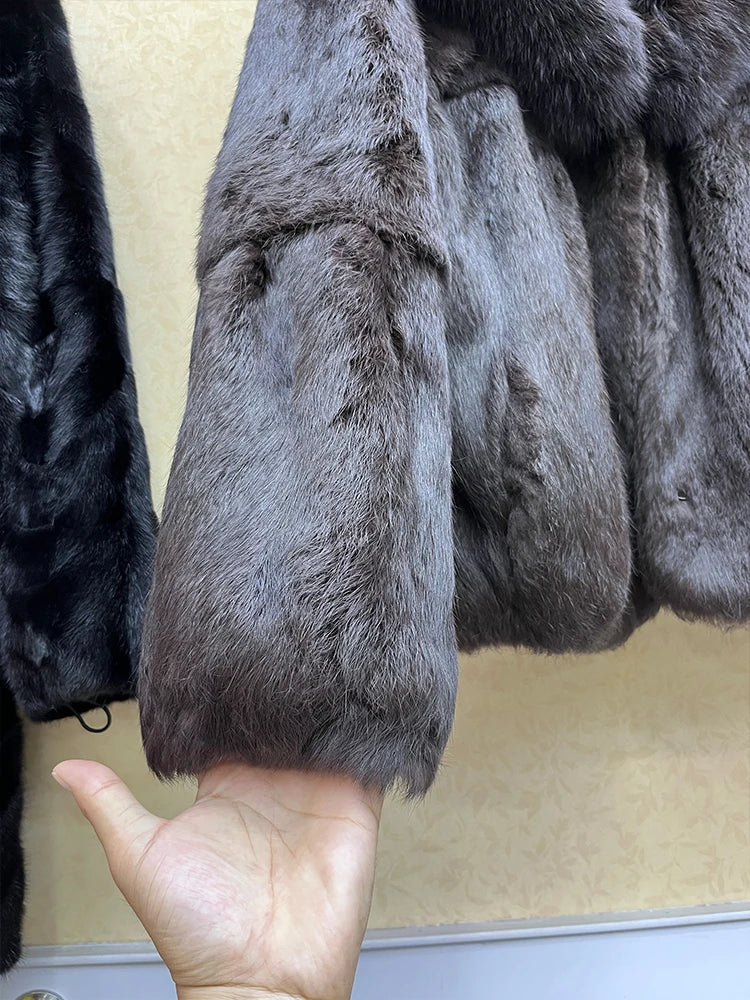 Short Real Rabbit Fur Coats Fox Fur Collar