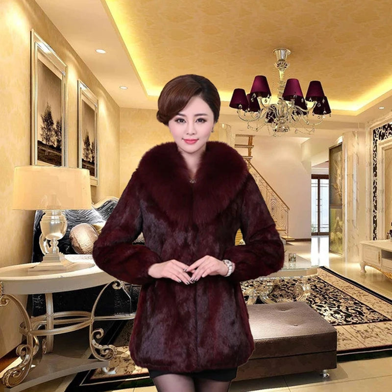 Real Rabbit Long Fur Coats Fox Fur Collar