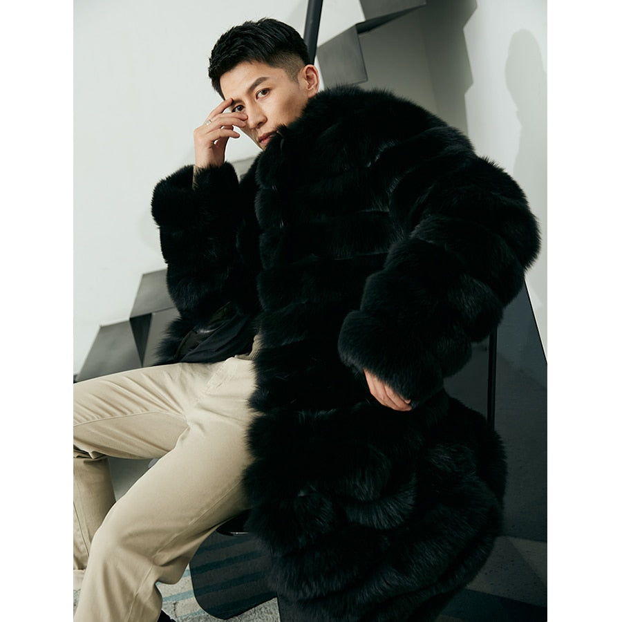 Black Real Fur Long Coat Big Fur Collar