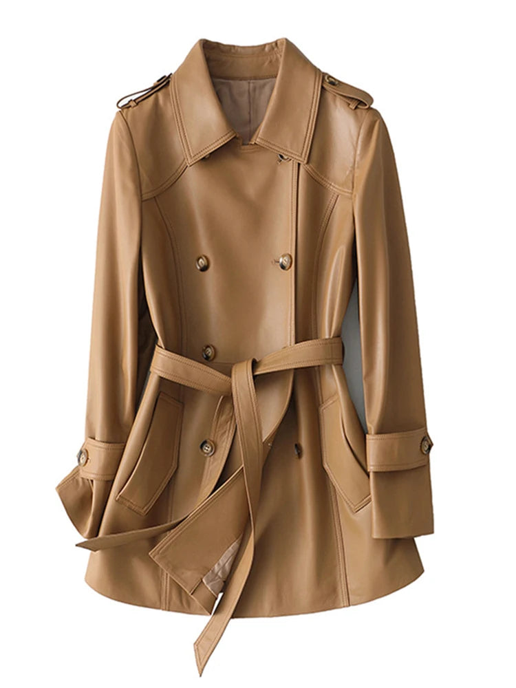 Sheepskin Coat Women's Winter New Fashion Lapel Double-Breasted Belt Waist Closing Medium to Long Genuine Leather Jacket Trench