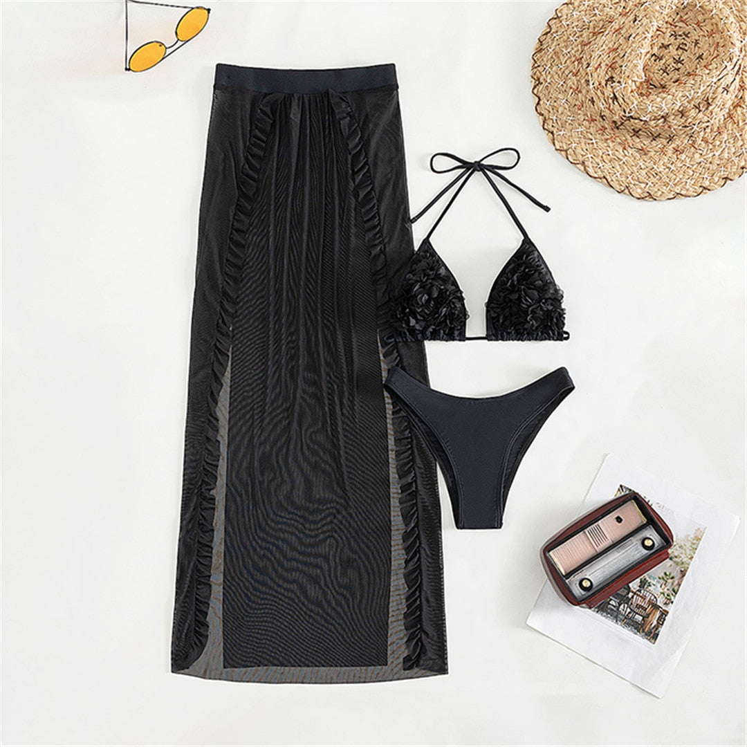 Black Bikini & Long Mesh Skirt Set