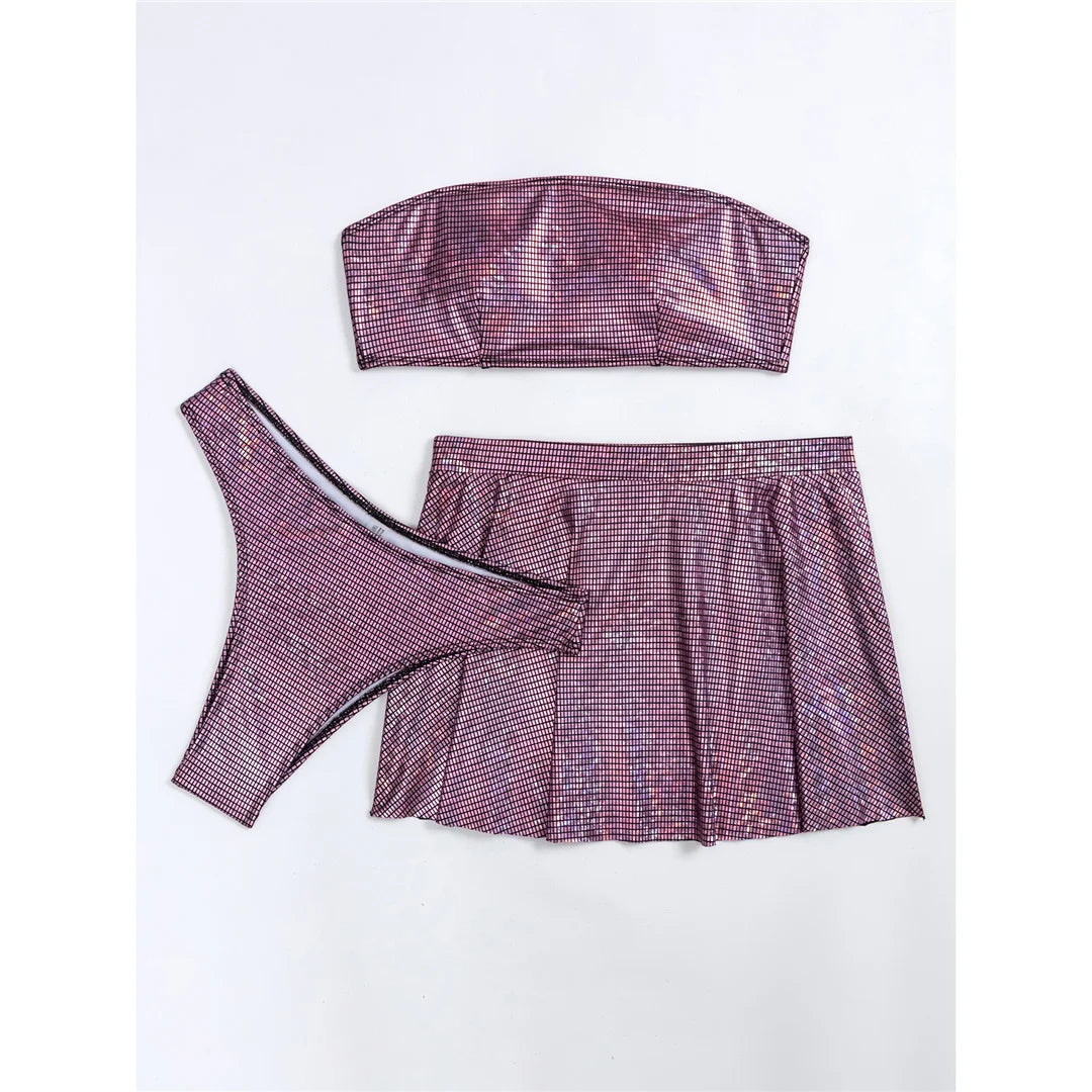 Shiny Purple Brazilian Bikini Set & Mini Skirt