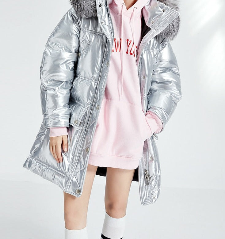 Glossy Duck Down Waterproof Big Puffer Coats Real Fur Parkas