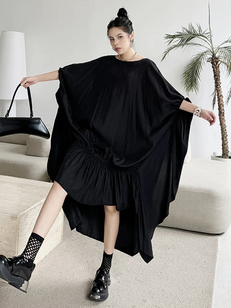 Black Pleated Irregular Loose Oversized Long Dress