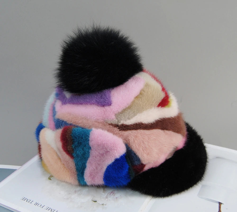 Colorful Real Mink Fur Bomber Hats Fur Pompom