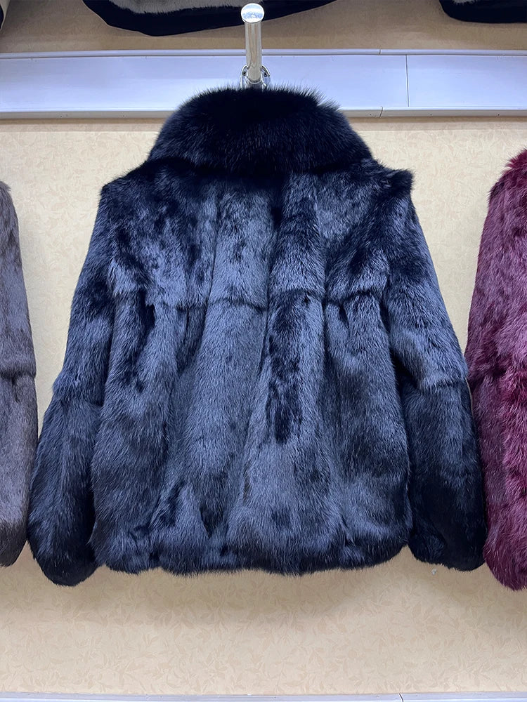 Short Real Rabbit Fur Coats Fox Fur Collar