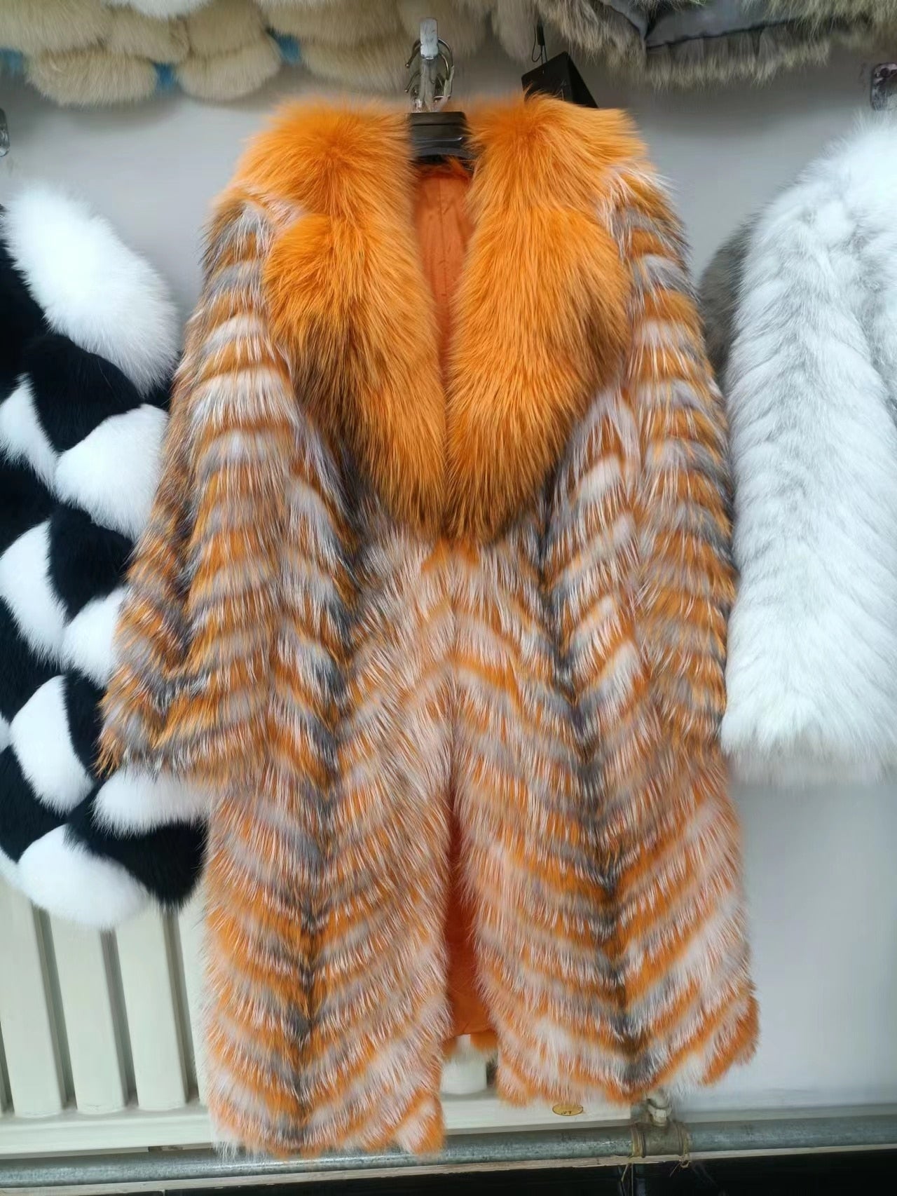 Thin Striped Color Pattern Real Fox Fur Coats  X-Long