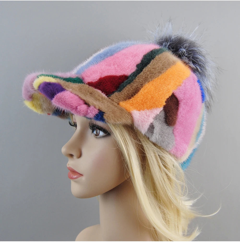 Colorful Real Mink Fur Bomber Hats Fur Pompom