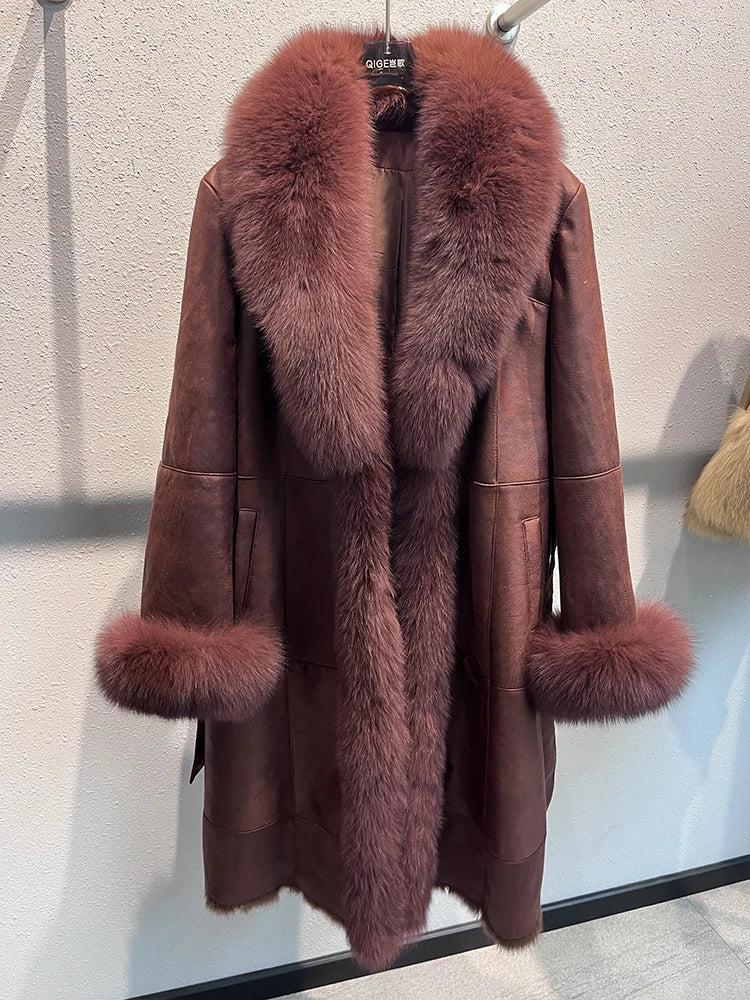 Genuine Leather Long Coats Real Fur Liner Collar Cuffs
