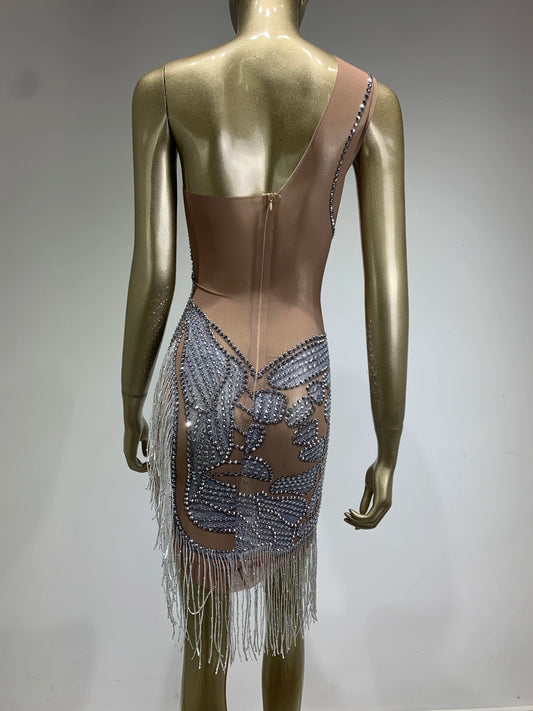 Rhinestones Tassels Sleeveless Mini Dress