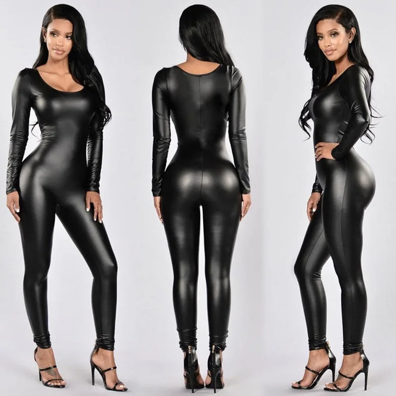 PU Leather Elastic Long Sleeve Jumpsuit