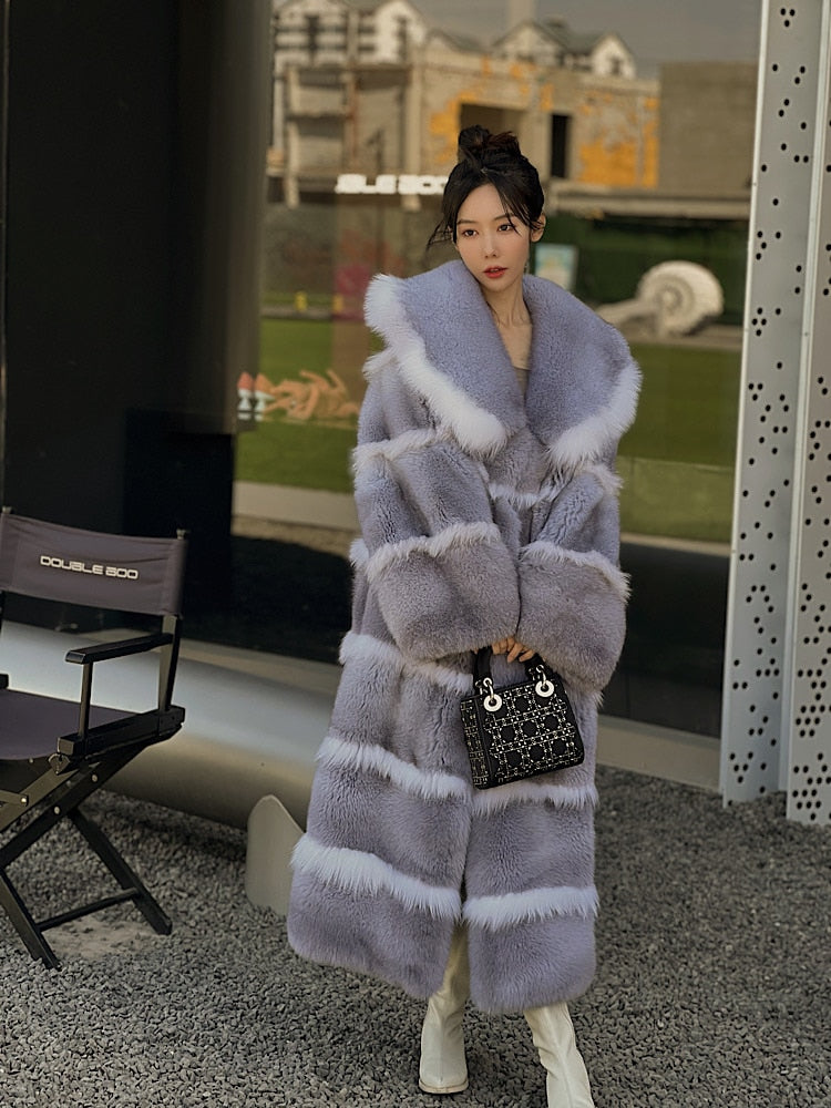 Luxury X-Long Fur Coat Detachable Big Fur Collar