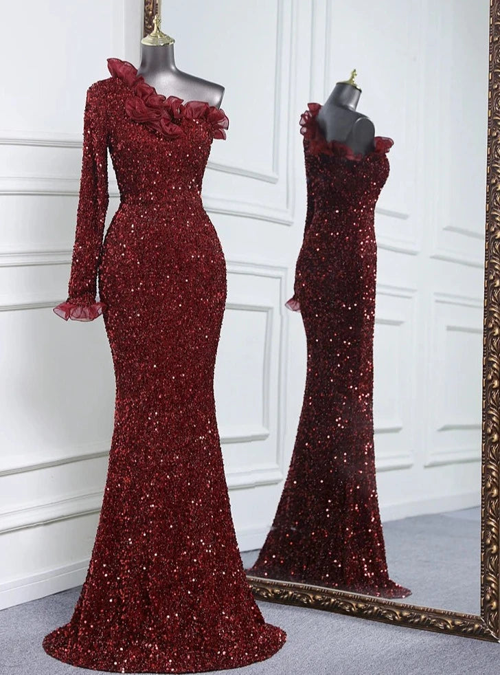 Sequins One Sleeve Lace Floor-Length Dresses