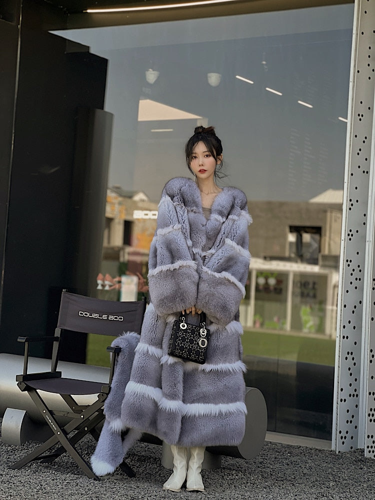 Luxury X-Long Fur Coat Detachable Big Fur Collar