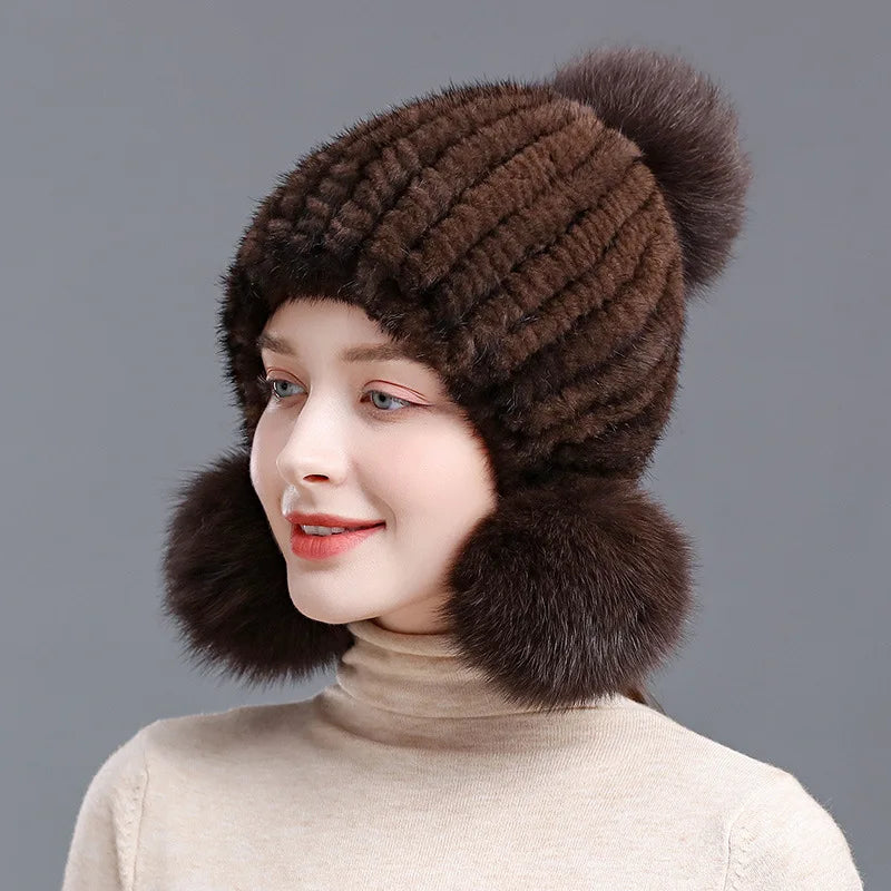 Knitted Spiral Real Mink Fur Beanies Cap Fur Pompom