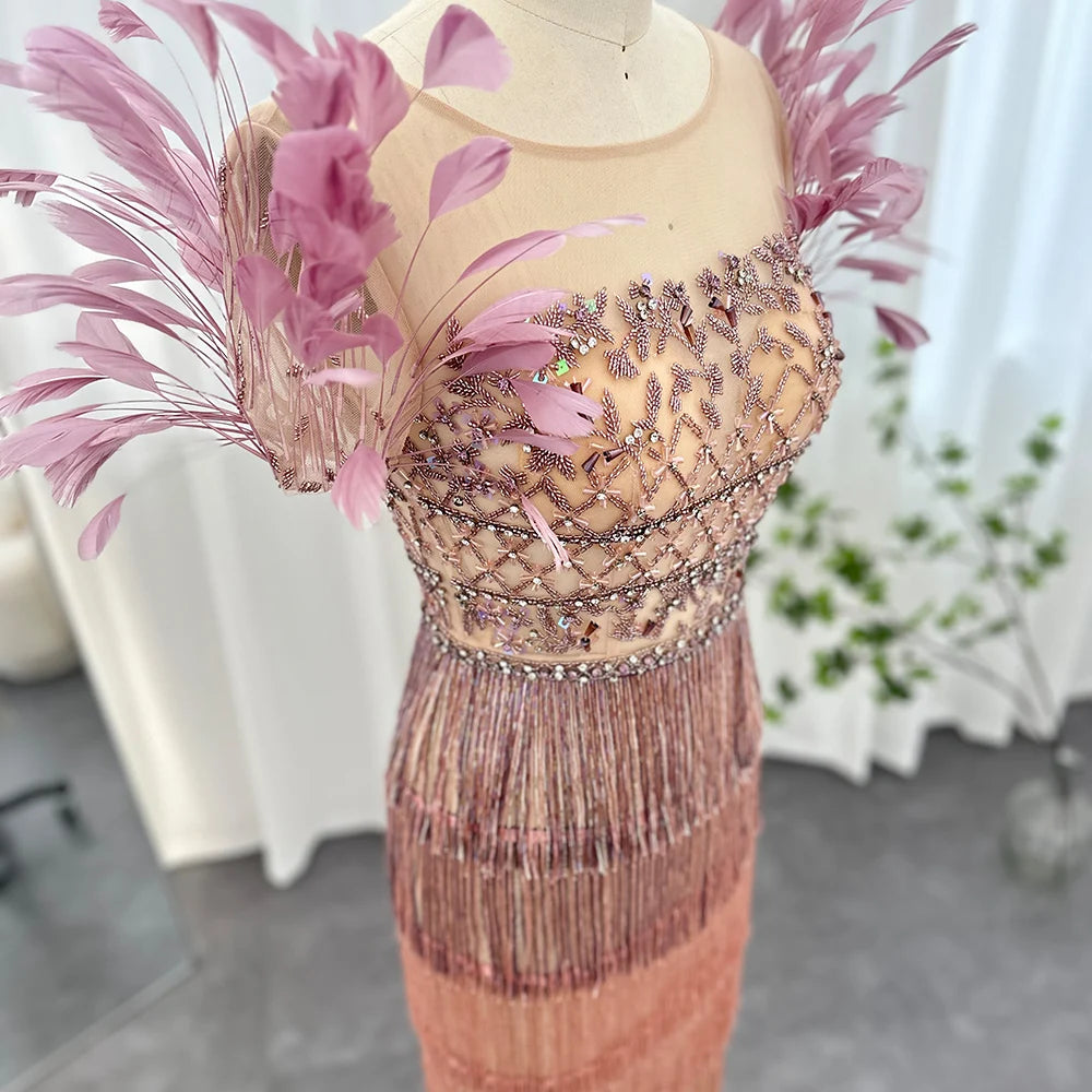 Lilac Shoulder Feathers Tassel Long Dress