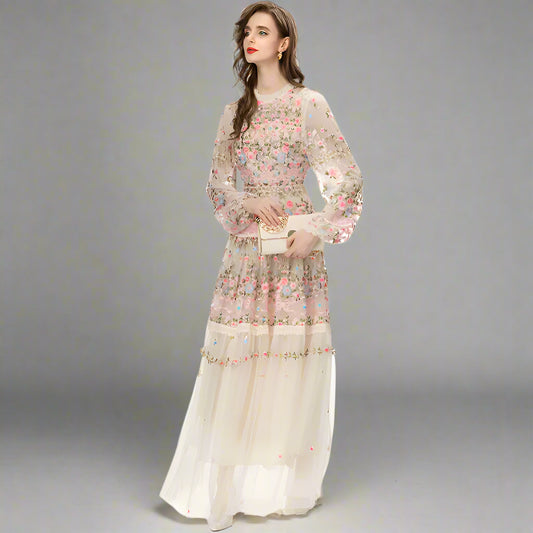 Vintage Mesh Lantern Sleeve Long Dresses