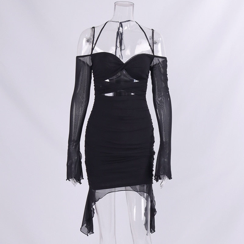 Mesh Sleeve Hollow Ruched Mini Dresses