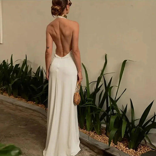 Pleated Deep V Halter Backless Maxi Dress