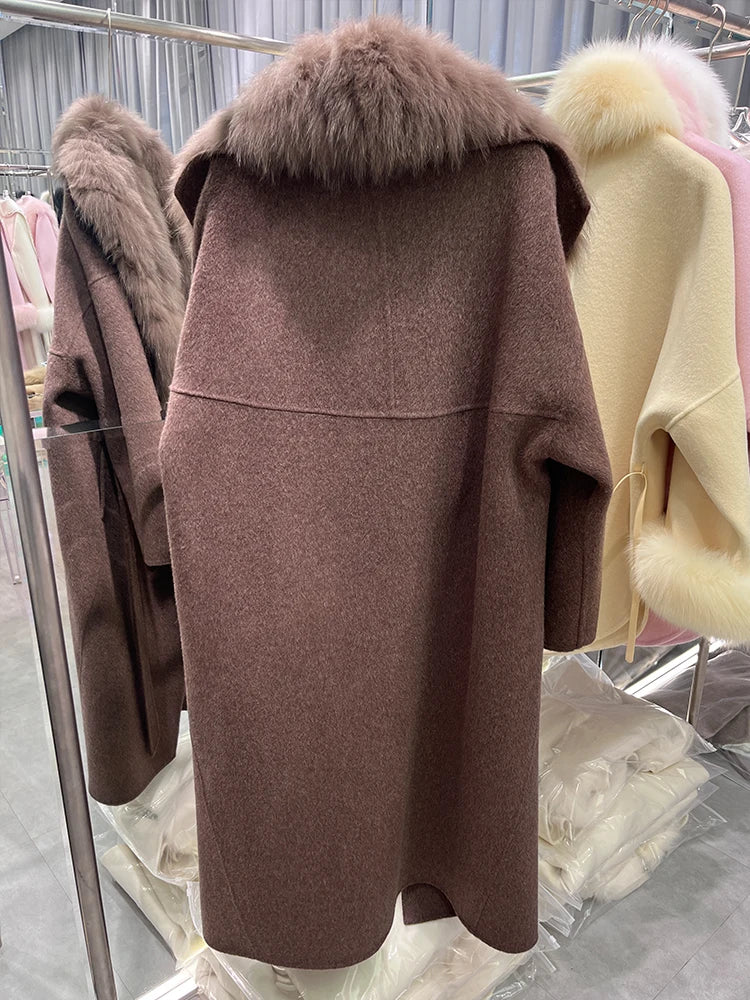 Cashmere Wool Long Coats Real Fur Collar