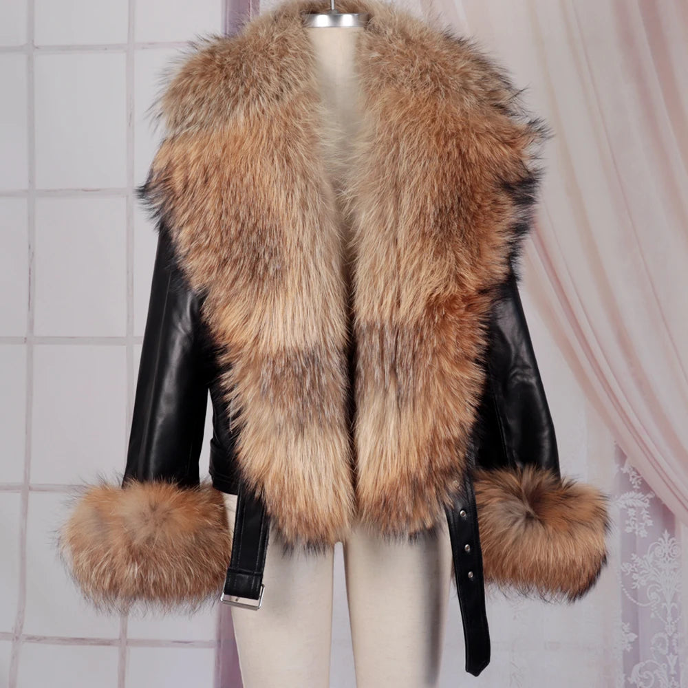 Genuine Leather Real Collar & Cuff Fur Coats